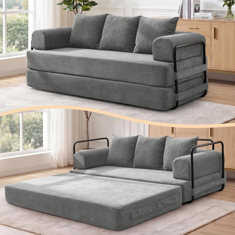 image:imageKorser Convertible Sofa Bed Chenille Folding Boneless Couch with Cylindrical Pillows Modern Loveseat Sofa with FixedShape Frame Futon Couch Sleeper Sofa for Living Room Apartment Bedroom BlackGrey