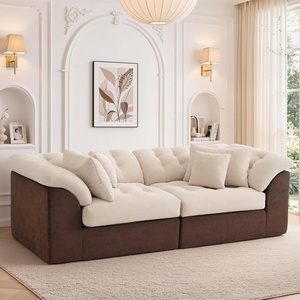 Korser 104″ Loveseat Sofa, Cloud Boneless Couches for Living Room, Oversized Modular Sectional Sofa with Deep Seats, Comfy 2 Seater Sofa Bed with 4 Pillows, Cut Pile Fabric – Beige & Black(Khaki & Brown)