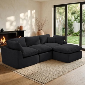 Korser 110″ Cloud Sectional Couches for Living Room, Modern Modular Sectional Sofa with Ottoman, Boneless Cloud Couch with Comfy Deep Seats, Fluffy Chenille L-Shape Sofa Couch for Living Room, Black(Black)