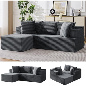 Korser 110″ L-Shaped Modular Sectional Sofa with Chaise, Boneless Comfy Corduroy Fluffy Couch with Deep Seat and Side Pockets, Flexible Module Combination for Living Room, No Assembly, Side Pockets(Grey)