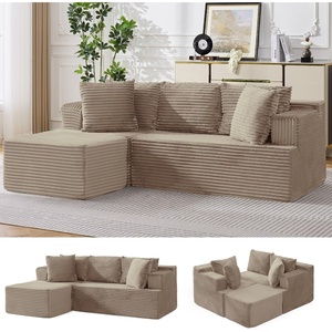 Korser 110″ L-Shaped Modular Sectional Sofa with Chaise, Boneless Comfy Corduroy Fluffy Couch with Deep Seat and Side Pockets, Flexible Module Combination for Living Room, No Assembly, Side Pockets(Khaki)