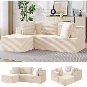 Korser 110″ L-Shaped Modular Sectional Sofa with Chaise, Boneless Comfy Corduroy Fluffy Couch with Deep Seat and Side Pockets, Flexible Module Combination for Living Room, No Assembly, Side Pockets(Beige)