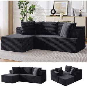 Korser 110″ L-Shaped Modular Sectional Sofa with Chaise, Boneless Comfy Corduroy Fluffy Couch with Deep Seat and Side Pockets, Flexible Module Combination for Living Room, No Assembly, Side Pockets(Black)