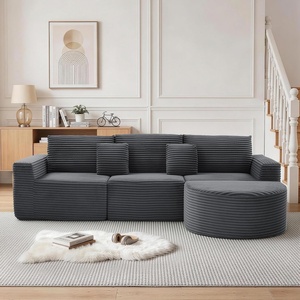 Korser 110″ L-Shaped Modular Sectional Sofa with Chaise, Fluffy Corduroy Cloud Sectional Couch with Deep Seat & Side Pockets, Comfy Upholstered Boneless Couches for Living Room, No Assembly, Black(Grey)