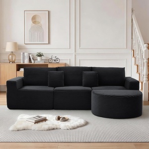 Korser 110″ L-Shaped Modular Sectional Sofa with Chaise, Fluffy Corduroy Cloud Sectional Couch with Deep Seat & Side Pockets, Comfy Upholstered Boneless Couches for Living Room, No Assembly, Black(Black)