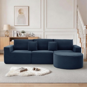 Korser 110″ L-Shaped Modular Sectional Sofa with Chaise, Fluffy Corduroy Cloud Sectional Couch with Deep Seat & Side Pockets, Comfy Upholstered Boneless Couches for Living Room, No Assembly, Black(Blue)