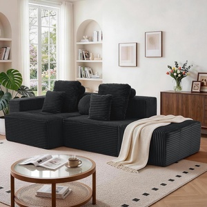Korser 118″ Cloud Sectional Couches with Chaise, Boneless Couch with Ottoman, Modular Sectional Sofa with Deep Seat, No Assembly Required, Upholstered Corduroy Boneless Couches for Living Room, Black(Black)