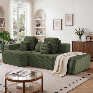 Korser 118″ Cloud Sectional Couches with Chaise, Boneless Couch with Ottoman, Modular Sectional Sofa with Deep Seat, No Assembly Required, Upholstered Corduroy Boneless Couches for Living Room, Black(Green)