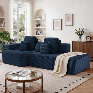 Korser 118″ Cloud Sectional Couches with Chaise, Boneless Couch with Ottoman, Modular Sectional Sofa with Deep Seat, No Assembly Required, Upholstered Corduroy Boneless Couches for Living Room, Black(Blue)