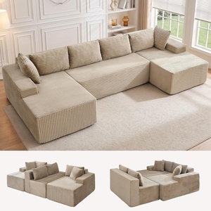 Korser 133″ Oversized Modular Sectional Sofa, U-Shaped Boneless Couch with Double Chaise, Comfy Corduroy Cloud Couch Sectional, Deep Seat Sectional Couches for Living Room, No Assembly Required, Black(Khaki)