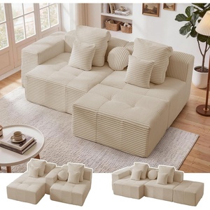 Korser 91″ Cloud Sectional Couches for Living Room, Convertible L-Shape Boneless Couch with Ottoman, Comfy Modular Sectional Sofa, Deep Seat Sofa with Throw Pillows for Living Room, Corduroy, Black(Khaki)