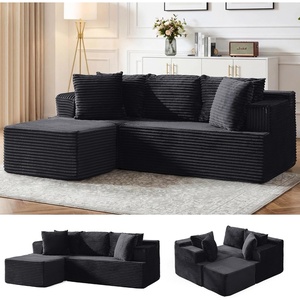 Korser Cloud Modular Sectional Sofa with L-Shaped, Boneless Couches for Living Room, Fluffy Comfy Corduroy Deep Seat with Ottoman, Bedroom, Apartment, No Assembly Required(Black)