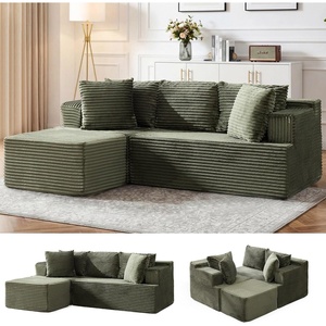 Korser Cloud Modular Sectional Sofa with L-Shaped, Boneless Couches for Living Room, Fluffy Comfy Corduroy Deep Seat with Ottoman, Bedroom, Apartment, No Assembly Required(Green-1)