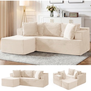 Korser Cloud Modular Sectional Sofa with L-Shaped, Boneless Couches for Living Room, Fluffy Comfy Corduroy Deep Seat with Ottoman, Bedroom, Apartment, No Assembly Required(Beige)