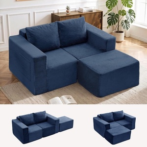 Korser Sectional Couches for Living Room, Boneless Couch with Ottoman, Comfy Fluffy Cloud Couch with Deep Seat, Modular Sectional Sofa with Side Pockets, No Assembly L Shaped Couch, Corduroy(Blue)