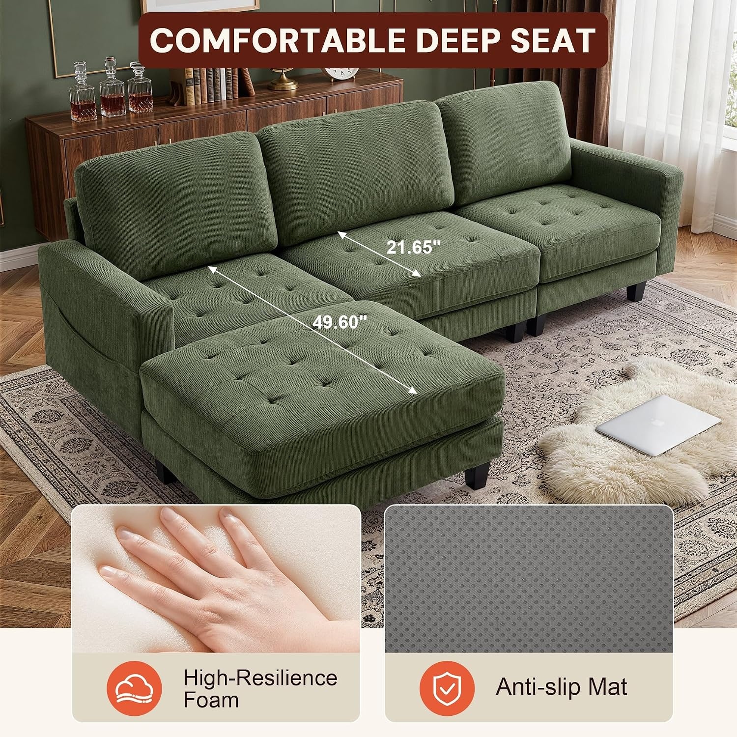 image:imageKorser 103 Modular L Shaped Sectional Sofa with Movable Ottoman 4Seat Chenille Deep Seat Sofa Convertible Cloud Couch for Living Room Bedroom and Apartment BeigeGreen