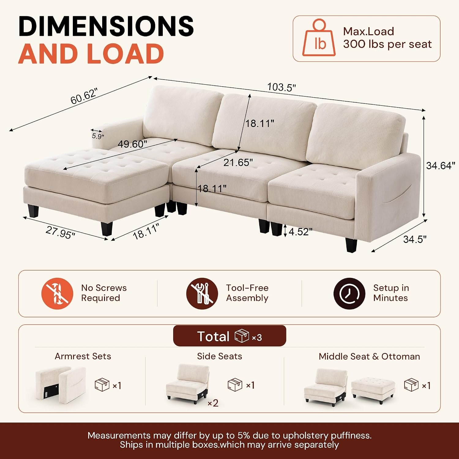 image:imageKorser 103 Modular L Shaped Sectional Sofa with Movable Ottoman 4Seat Chenille Deep Seat Sofa Convertible Cloud Couch for Living Room Bedroom and Apartment BeigeBeige