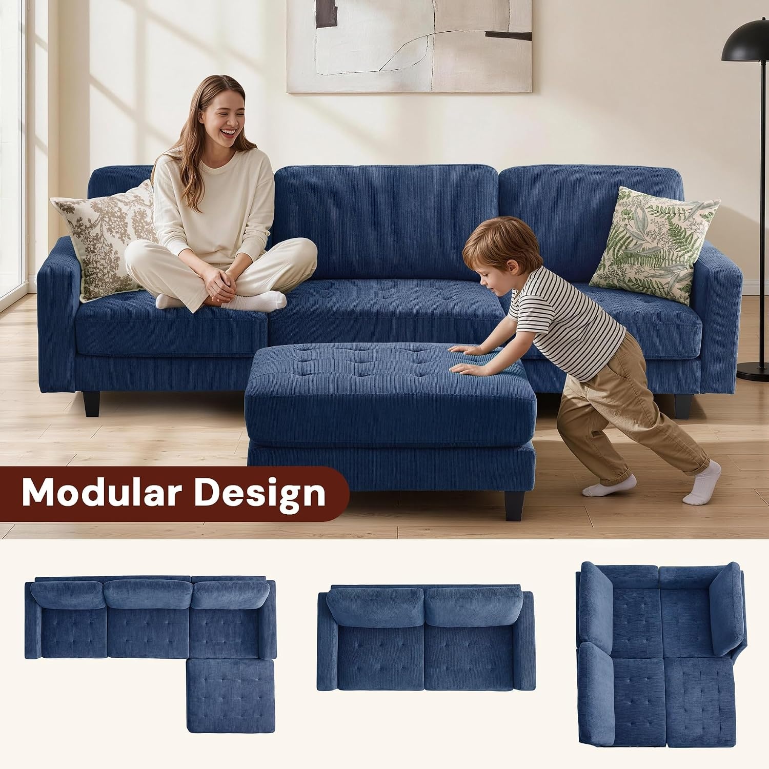 image:imageKorser 103 Modular L Shaped Sectional Sofa with Movable Ottoman 4Seat Chenille Deep Seat Sofa Convertible Cloud Couch for Living Room Bedroom and Apartment BeigeBlue