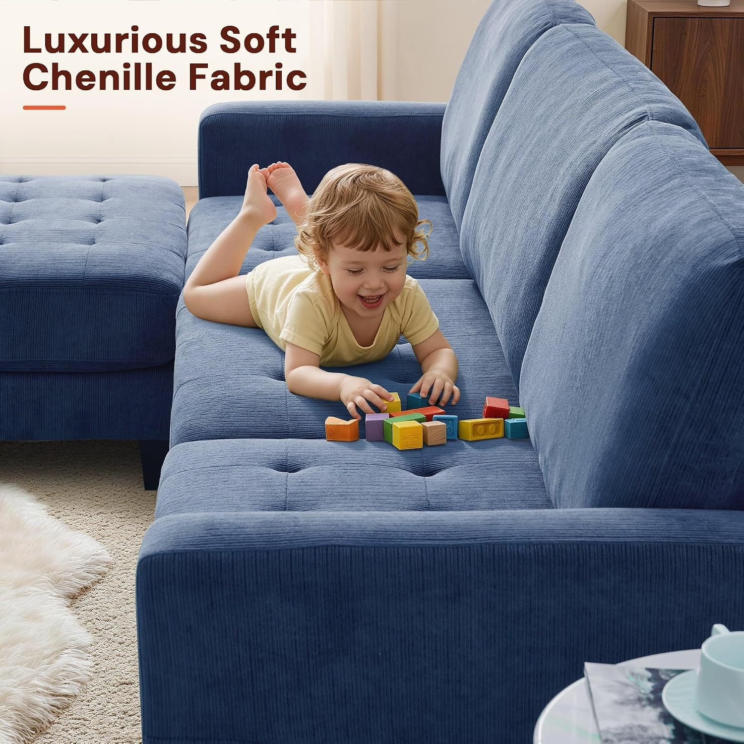 image:imageKorser 103 Modular L Shaped Sectional Sofa with Movable Ottoman 4Seat Chenille Deep Seat Sofa Convertible Cloud Couch for Living Room Bedroom and Apartment BeigeBlue
