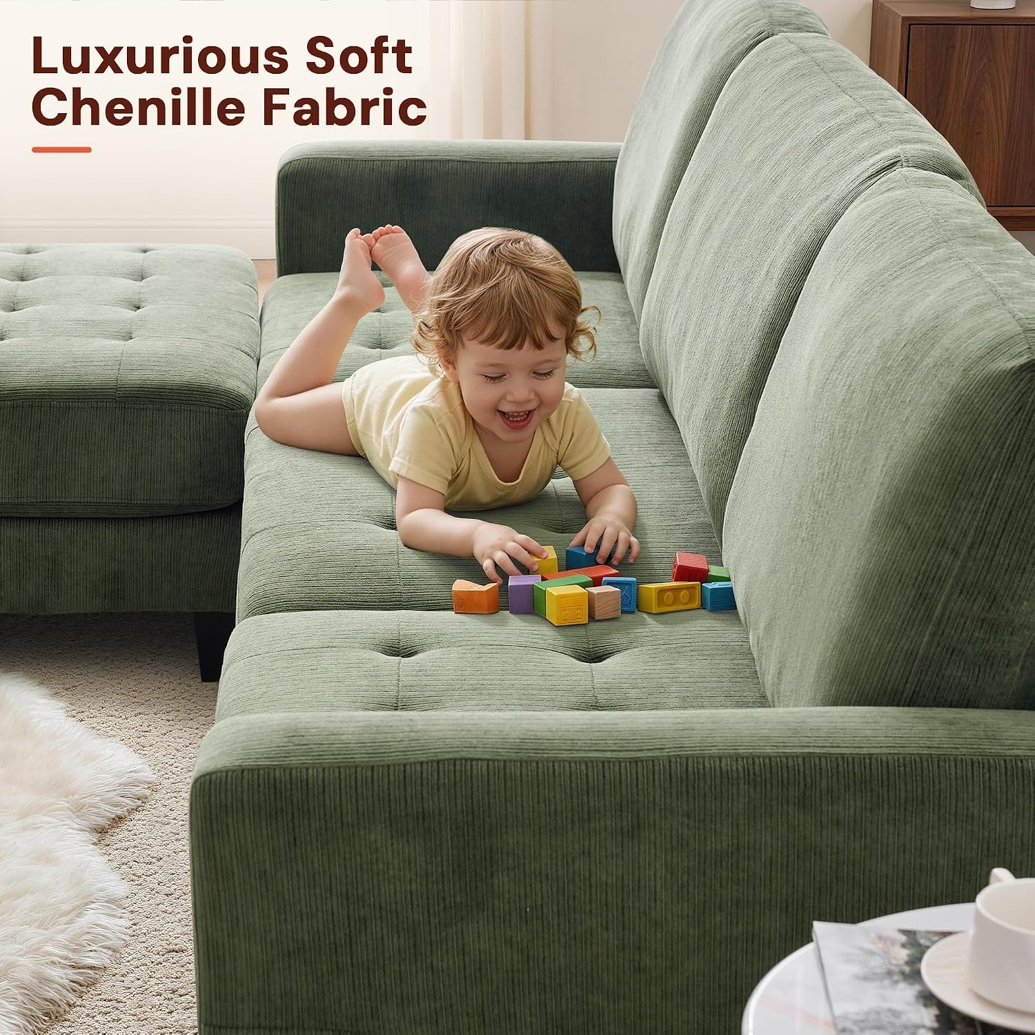 image:imageKorser 103 Modular L Shaped Sectional Sofa with Movable Ottoman 4Seat Chenille Deep Seat Sofa Convertible Cloud Couch for Living Room Bedroom and Apartment BeigeGreen