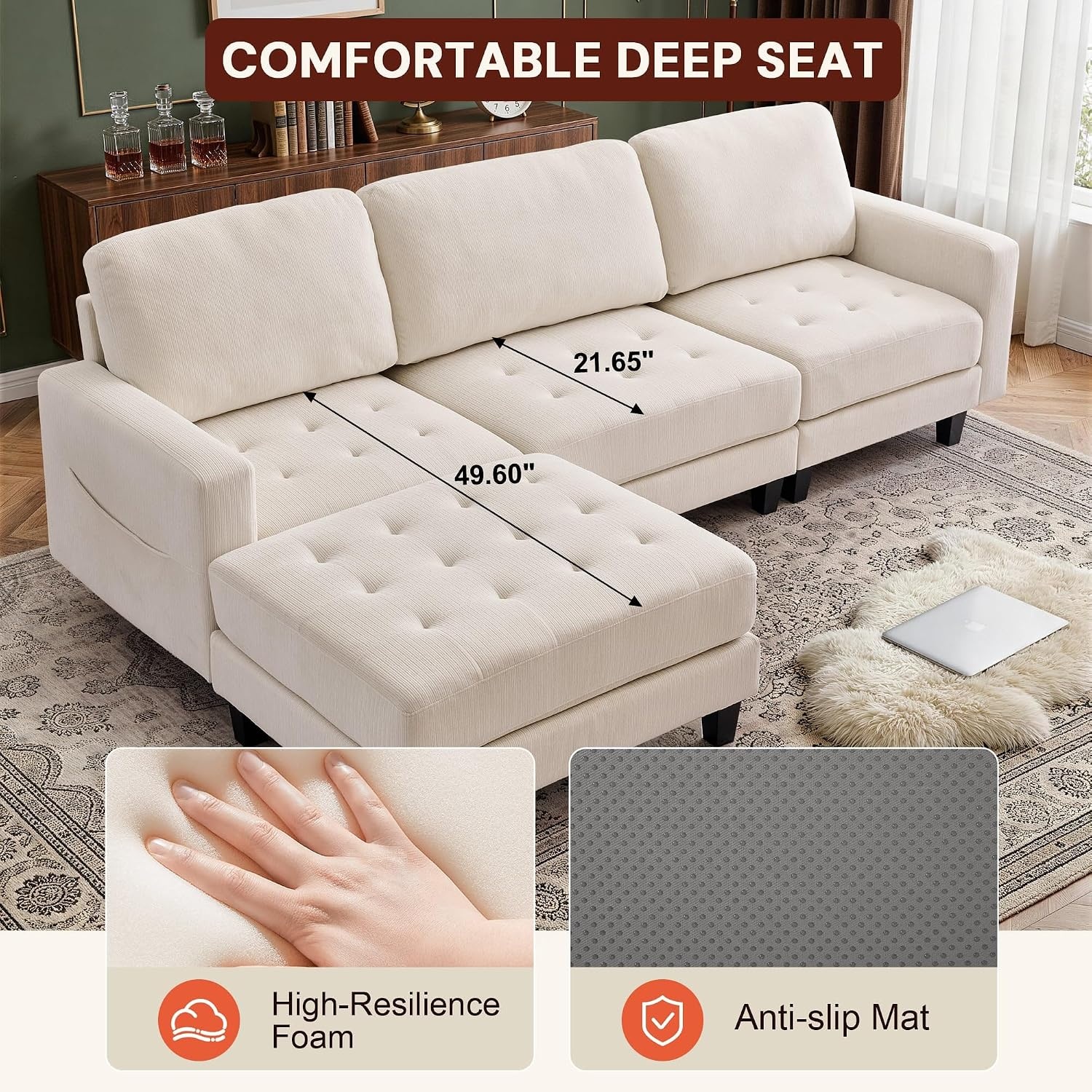image:imageKorser 103 Modular L Shaped Sectional Sofa with Movable Ottoman 4Seat Chenille Deep Seat Sofa Convertible Cloud Couch for Living Room Bedroom and Apartment BeigeBeige