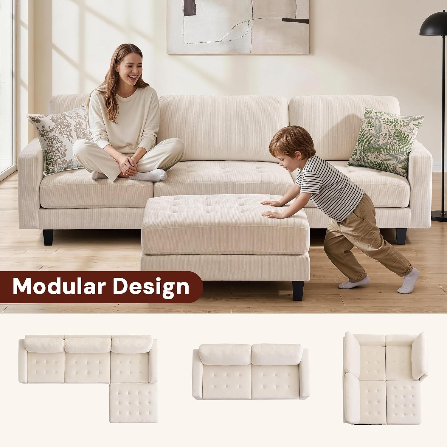 image:imageKorser 103 Modular L Shaped Sectional Sofa with Movable Ottoman 4Seat Chenille Deep Seat Sofa Convertible Cloud Couch for Living Room Bedroom and Apartment BeigeBeige