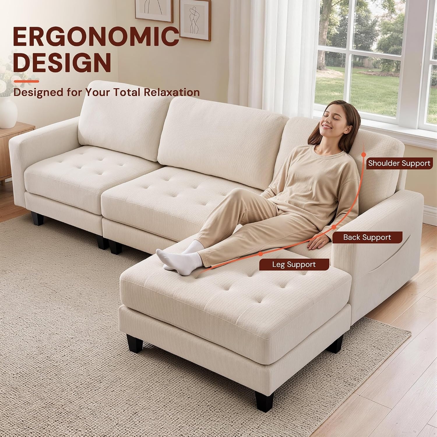 image:imageKorser 103 Modular L Shaped Sectional Sofa with Movable Ottoman 4Seat Chenille Deep Seat Sofa Convertible Cloud Couch for Living Room Bedroom and Apartment BeigeBeige