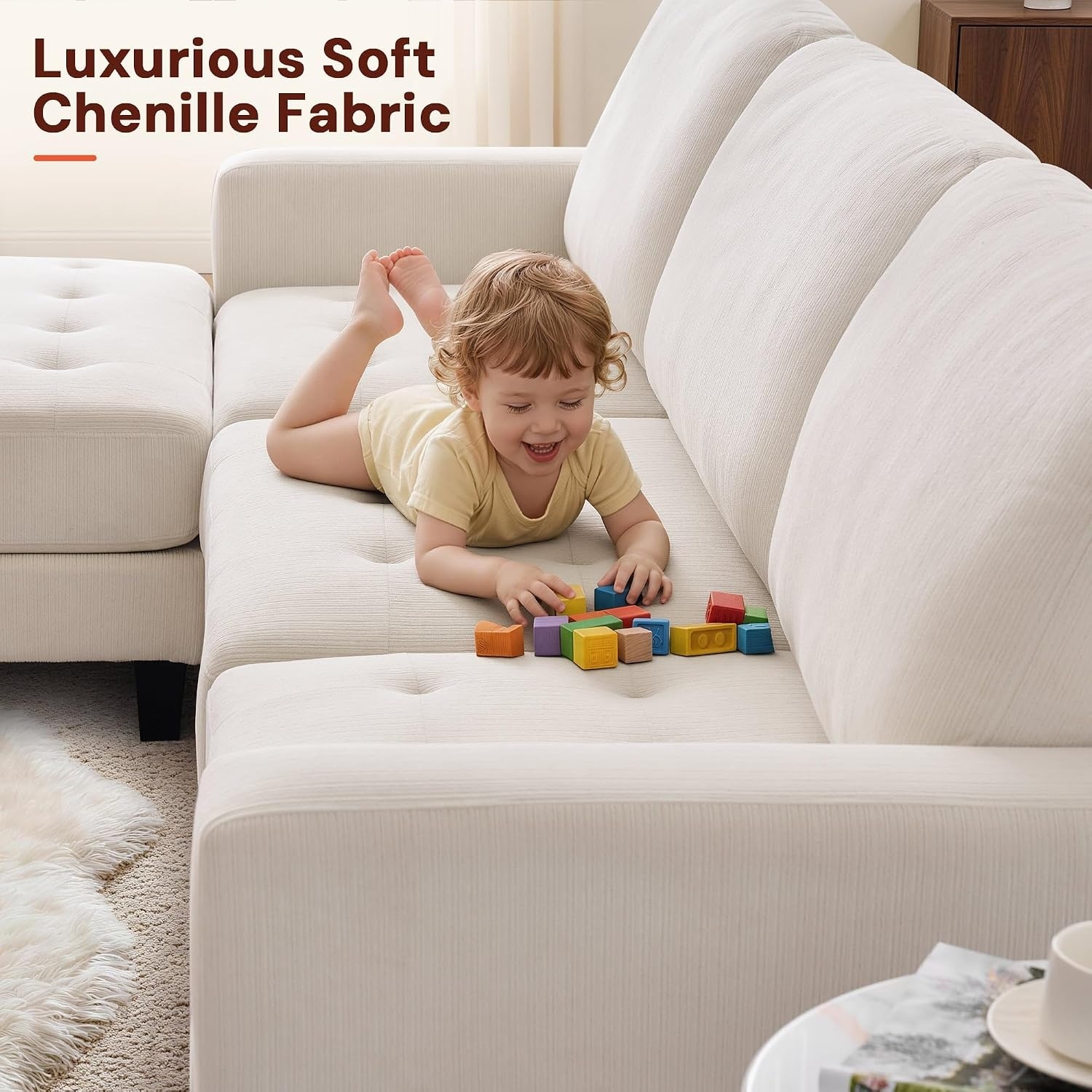 image:imageKorser 103 Modular L Shaped Sectional Sofa with Movable Ottoman 4Seat Chenille Deep Seat Sofa Convertible Cloud Couch for Living Room Bedroom and Apartment BeigeBeige