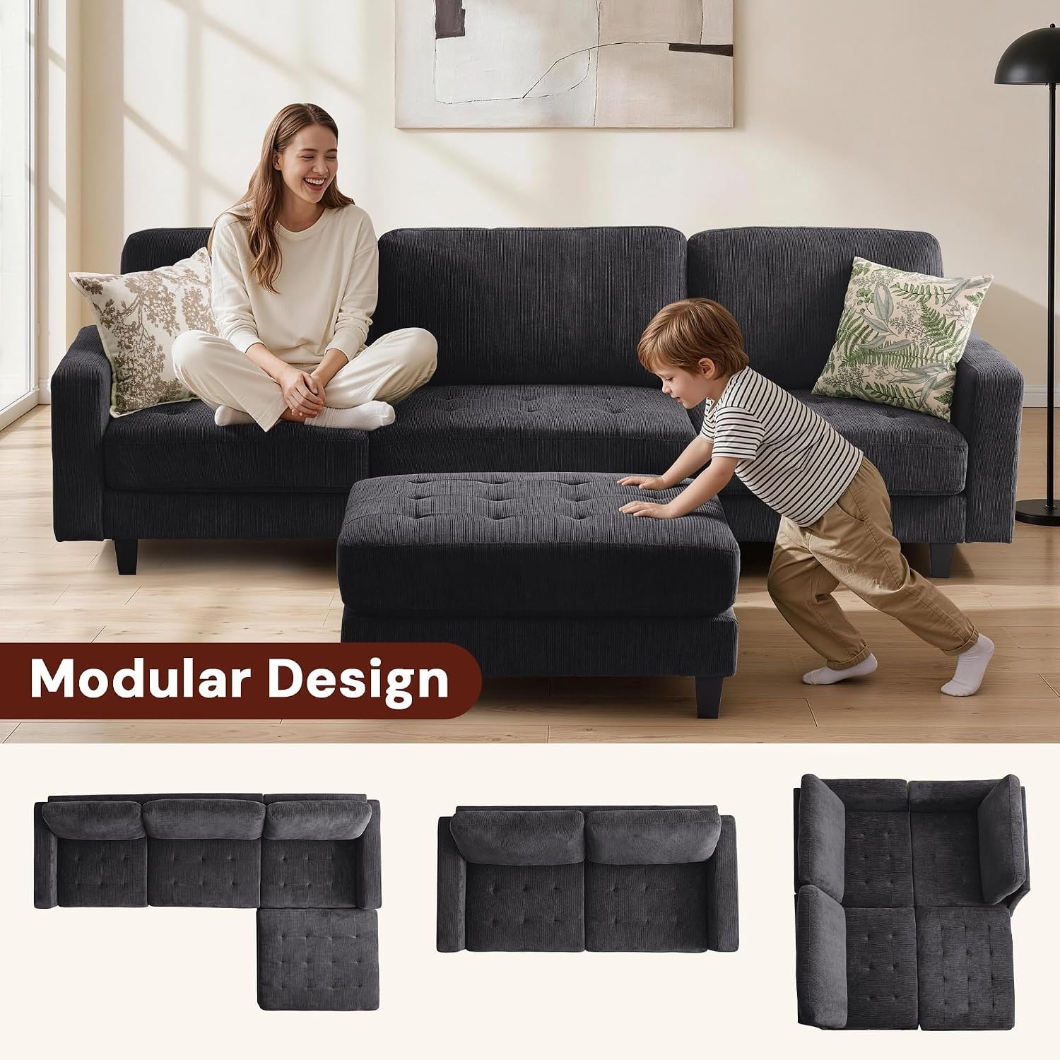 image:imageKorser 103 Modular L Shaped Sectional Sofa with Movable Ottoman 4Seat Chenille Deep Seat Sofa Convertible Cloud Couch for Living Room Bedroom and Apartment BeigeBlack