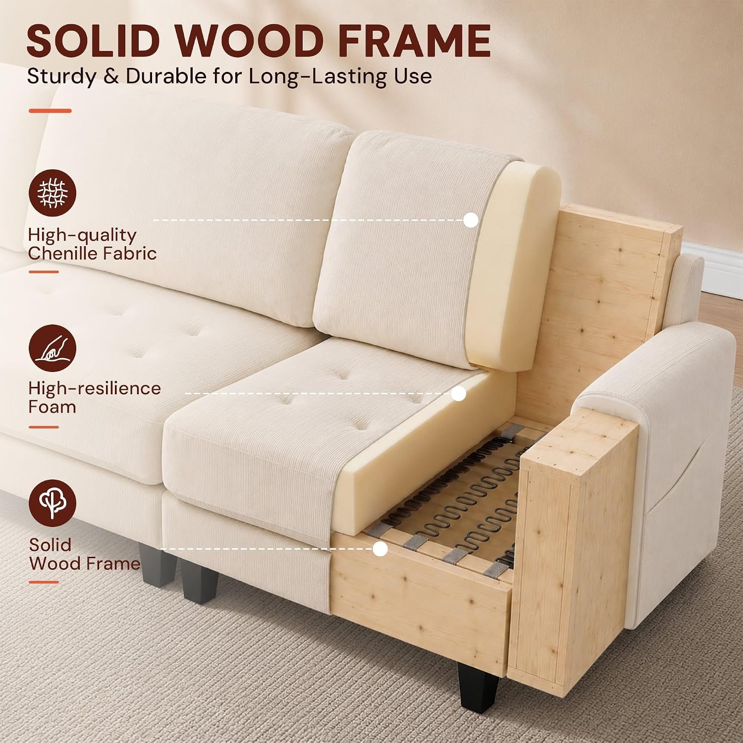 image:imageKorser 103 Modular L Shaped Sectional Sofa with Movable Ottoman 4Seat Chenille Deep Seat Sofa Convertible Cloud Couch for Living Room Bedroom and Apartment BeigeBeige