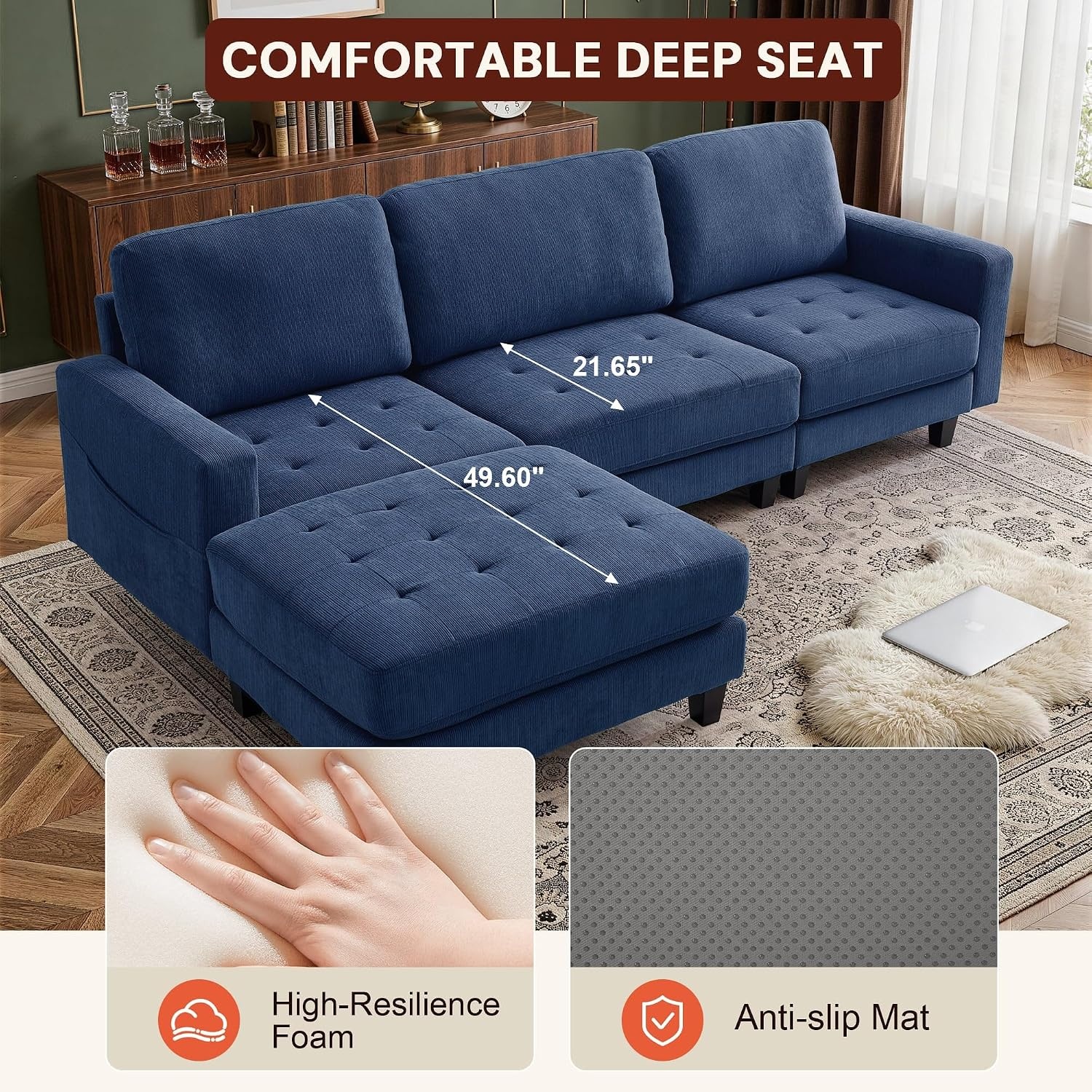 image:imageKorser 103 Modular L Shaped Sectional Sofa with Movable Ottoman 4Seat Chenille Deep Seat Sofa Convertible Cloud Couch for Living Room Bedroom and Apartment BeigeBlue