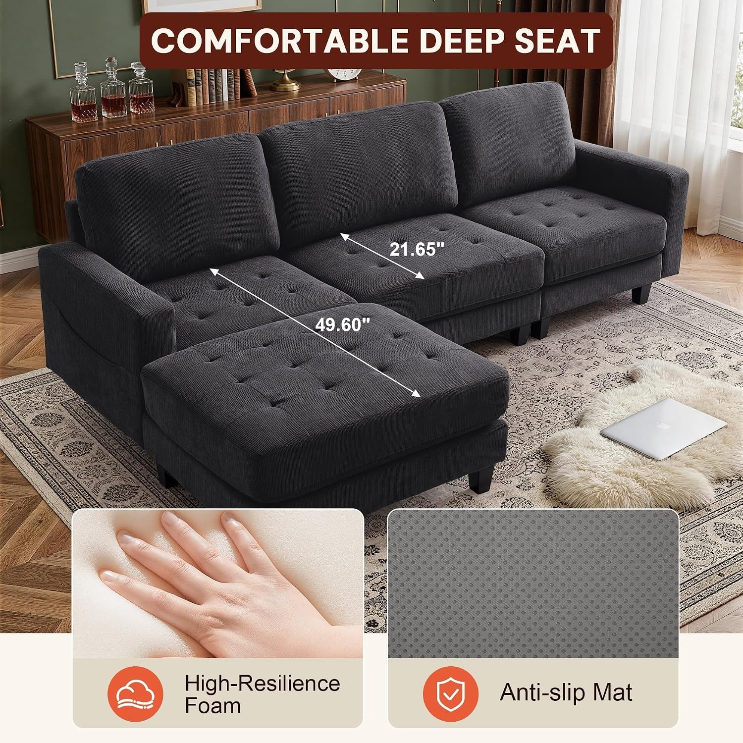 image:imageKorser 103 Modular L Shaped Sectional Sofa with Movable Ottoman 4Seat Chenille Deep Seat Sofa Convertible Cloud Couch for Living Room Bedroom and Apartment BeigeBlack