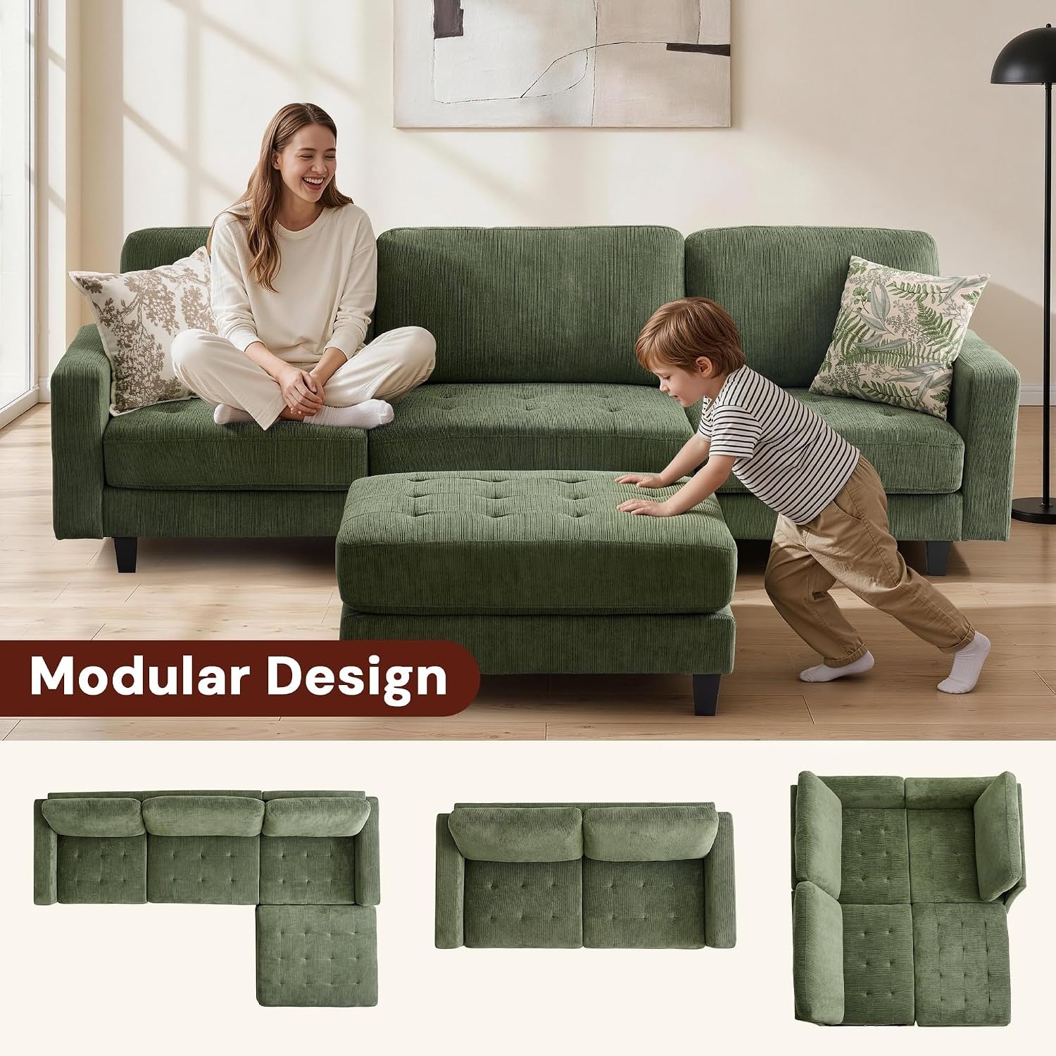 image:imageKorser 103 Modular L Shaped Sectional Sofa with Movable Ottoman 4Seat Chenille Deep Seat Sofa Convertible Cloud Couch for Living Room Bedroom and Apartment BeigeGreen