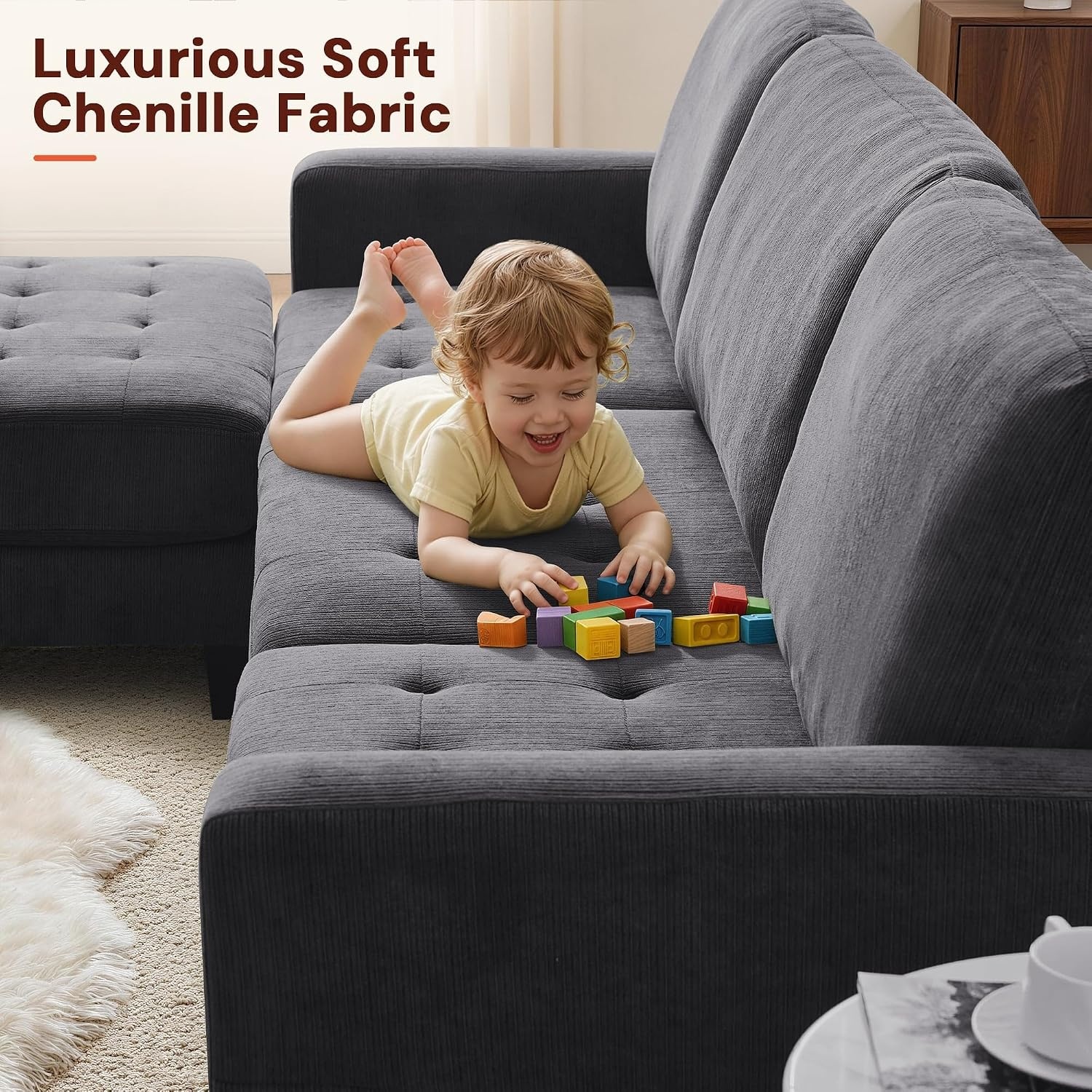 image:imageKorser 103 Modular L Shaped Sectional Sofa with Movable Ottoman 4Seat Chenille Deep Seat Sofa Convertible Cloud Couch for Living Room Bedroom and Apartment BeigeBlack