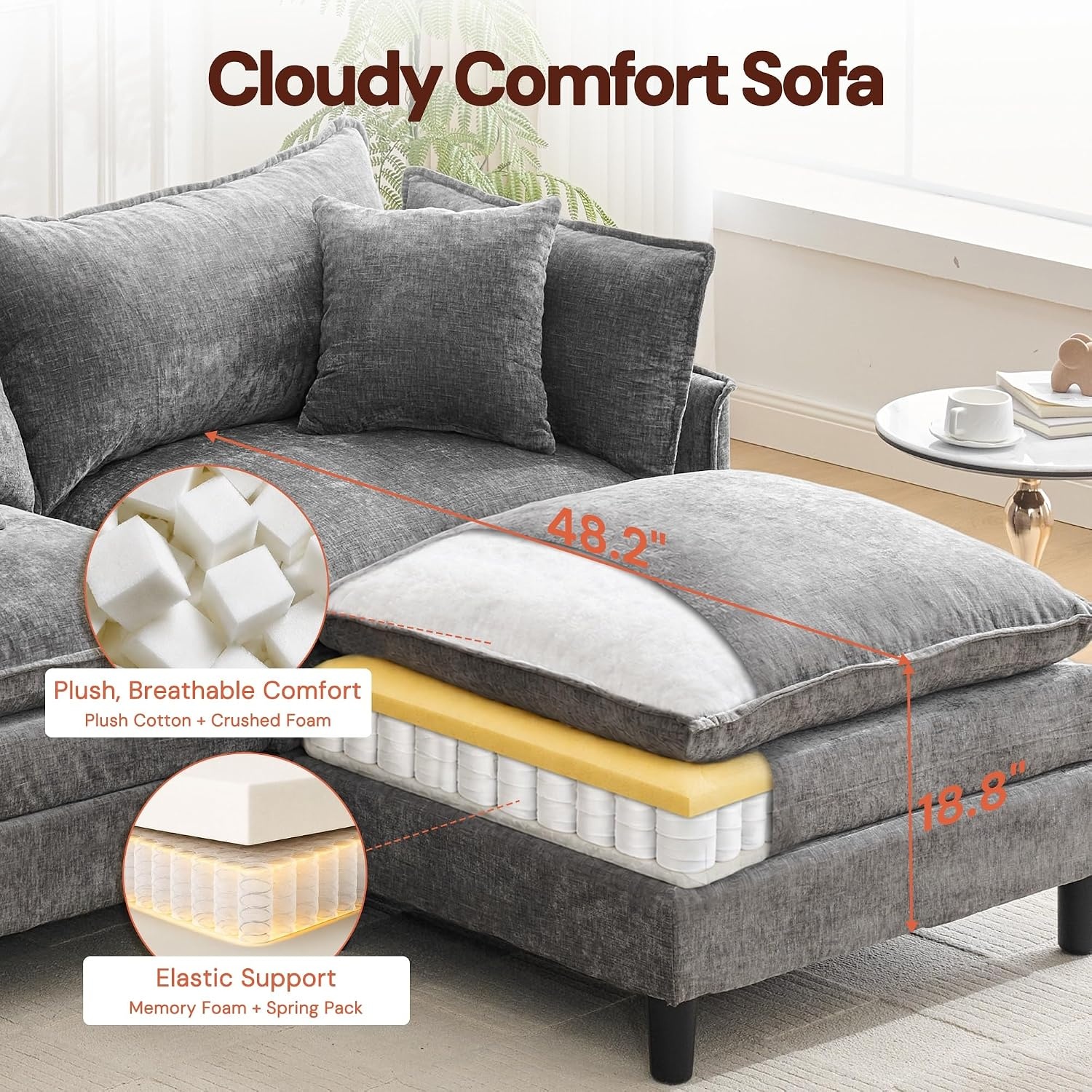 image:imageKorser 105 LShaped Modular Sectional Sofa 3Seater Cloud Couch with 1 Movable Ottoman Modern Chenille Sofa Set with Removable Washable Pillows for Living Room Bedroom ApartmentGrey