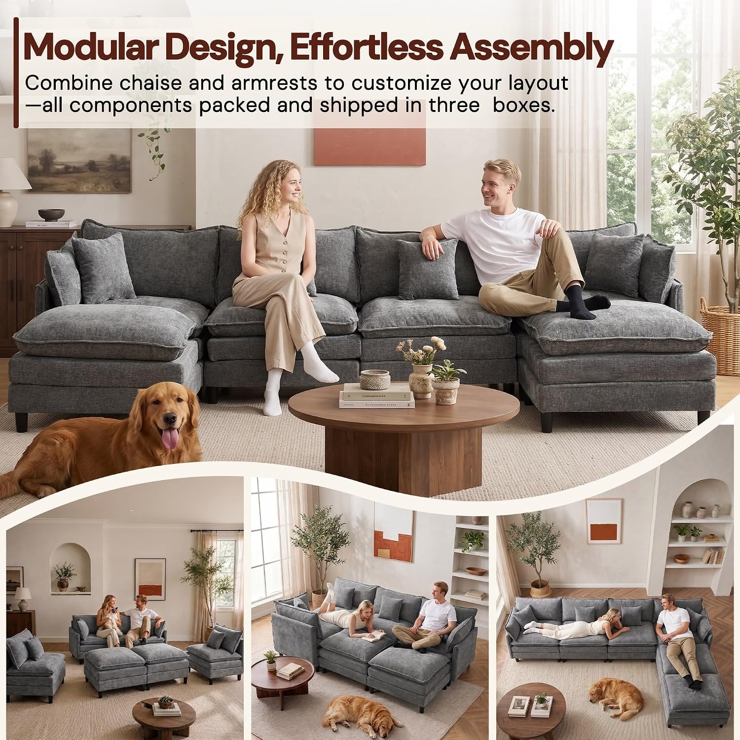image:imageKorser 105 LShaped Modular Sectional Sofa 3Seater Cloud Couch with 1 Movable Ottoman Modern Chenille Sofa Set with Removable Washable Pillows for Living Room Bedroom ApartmentGrey