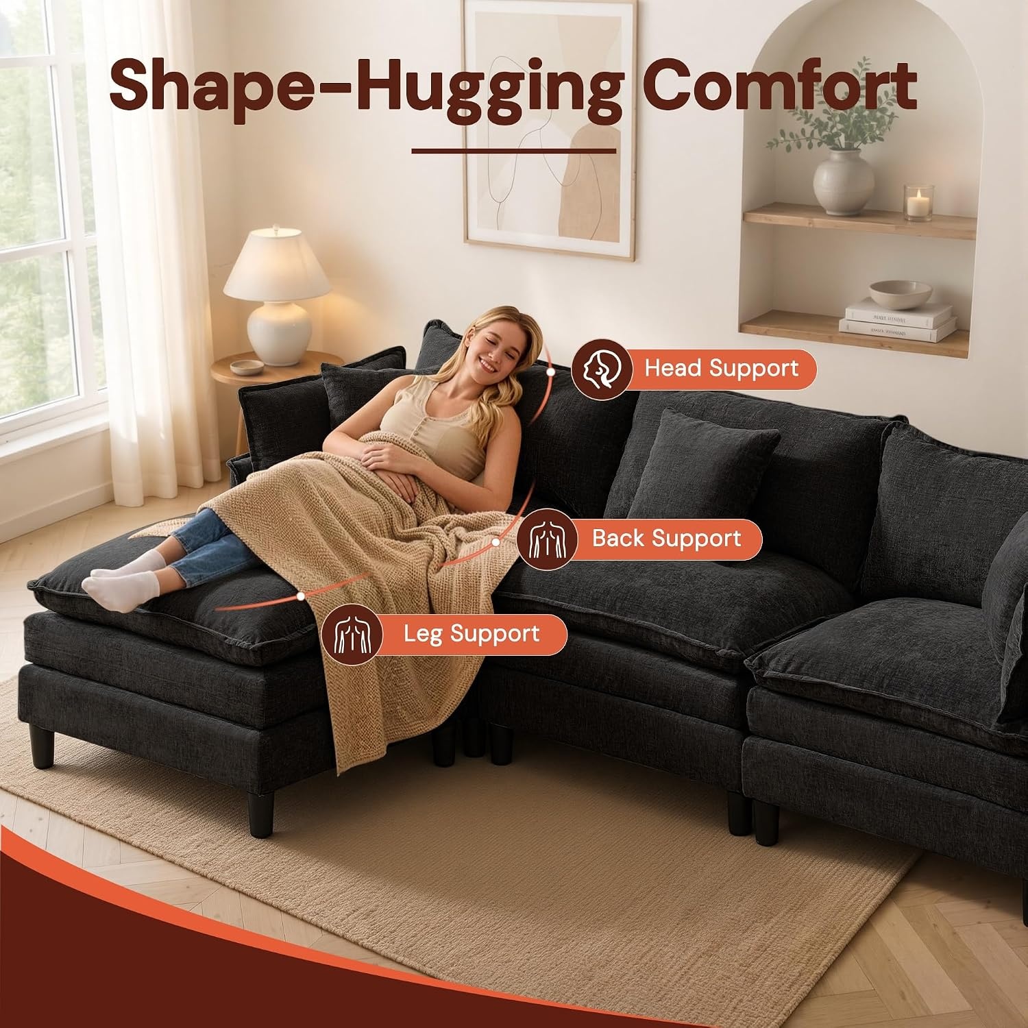 image:imageKorser 105 LShaped Modular Sectional Sofa 3Seater Cloud Couch with 1 Movable Ottoman Modern Chenille Sofa Set with Removable Washable Pillows for Living Room Bedroom ApartmentBlack