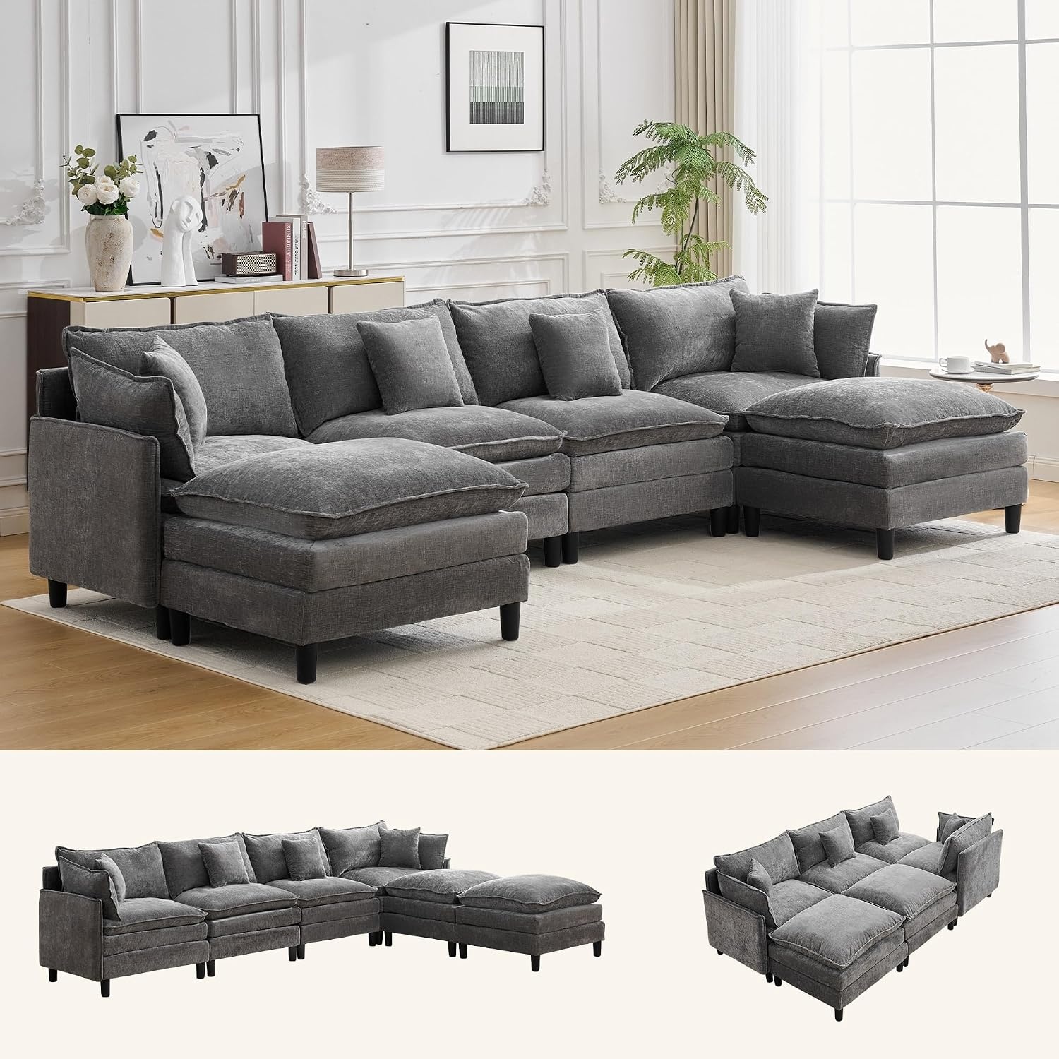 image:imageKorser 105 LShaped Modular Sectional Sofa 3Seater Cloud Couch with 1 Movable Ottoman Modern Chenille Sofa Set with Removable Washable Pillows for Living Room Bedroom ApartmentGrey