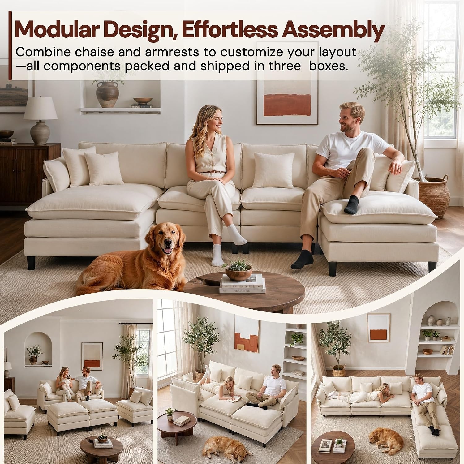 image:imageKorser 105 LShaped Modular Sectional Sofa 3Seater Cloud Couch with 1 Movable Ottoman Modern Chenille Sofa Set with Removable Washable Pillows for Living Room Bedroom ApartmentBeige