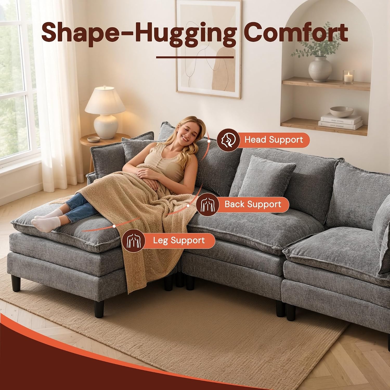 image:imageKorser 105 LShaped Modular Sectional Sofa 3Seater Cloud Couch with 1 Movable Ottoman Modern Chenille Sofa Set with Removable Washable Pillows for Living Room Bedroom ApartmentGrey