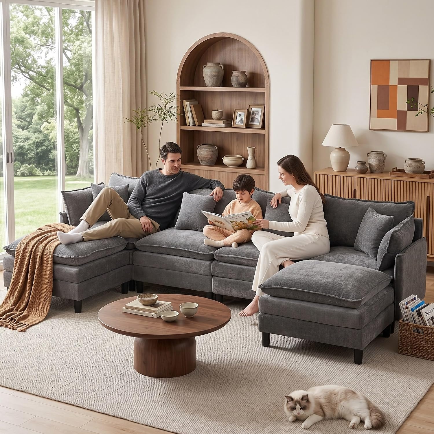 image:imageKorser 105 LShaped Modular Sectional Sofa 3Seater Cloud Couch with 1 Movable Ottoman Modern Chenille Sofa Set with Removable Washable Pillows for Living Room Bedroom ApartmentGrey