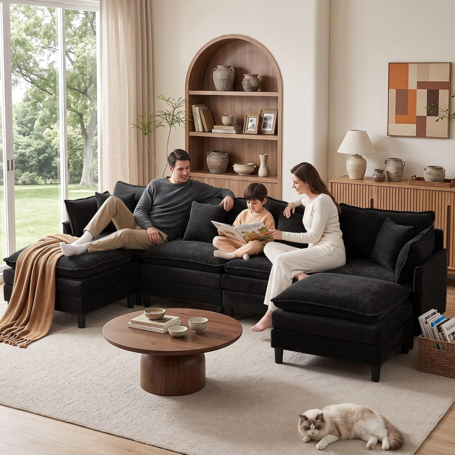 image:imageKorser 105 LShaped Modular Sectional Sofa 3Seater Cloud Couch with 1 Movable Ottoman Modern Chenille Sofa Set with Removable Washable Pillows for Living Room Bedroom ApartmentBlack