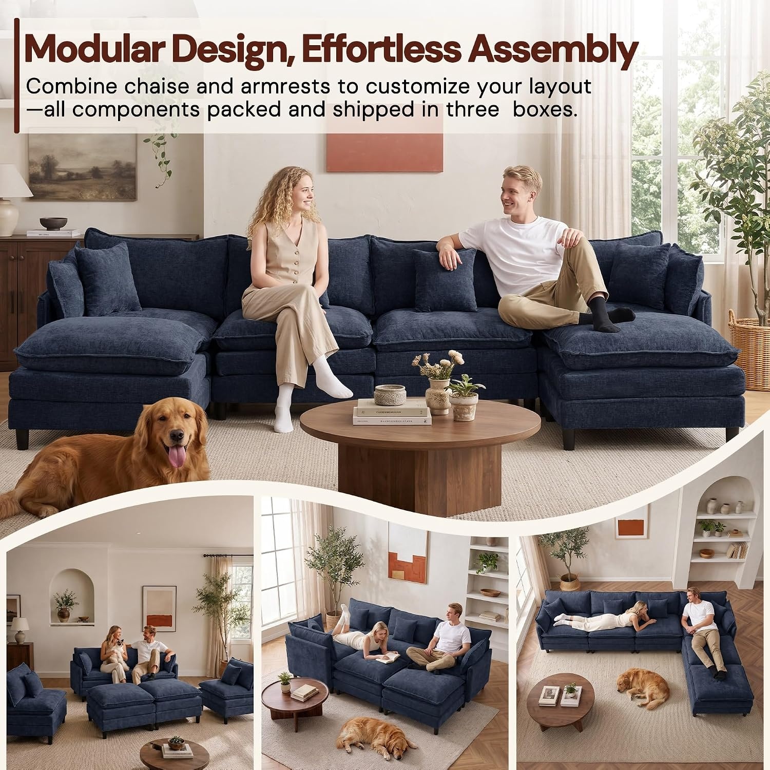 image:imageKorser 105 LShaped Modular Sectional Sofa 3Seater Cloud Couch with 1 Movable Ottoman Modern Chenille Sofa Set with Removable Washable Pillows for Living Room Bedroom ApartmentBlue