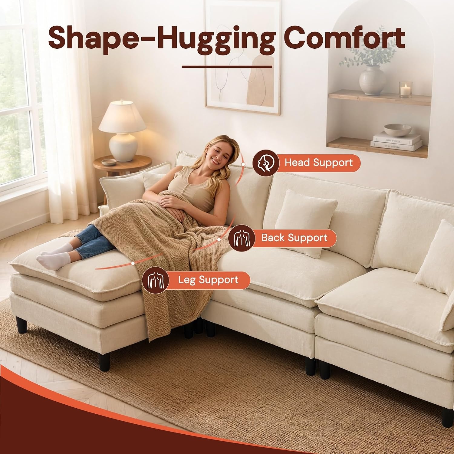 image:imageKorser 105 LShaped Modular Sectional Sofa 3Seater Cloud Couch with 1 Movable Ottoman Modern Chenille Sofa Set with Removable Washable Pillows for Living Room Bedroom ApartmentBeige