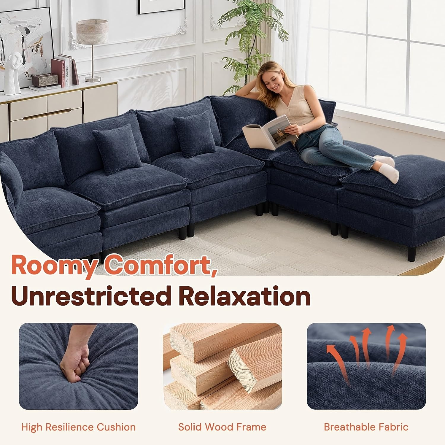 image:imageKorser 105 LShaped Modular Sectional Sofa 3Seater Cloud Couch with 1 Movable Ottoman Modern Chenille Sofa Set with Removable Washable Pillows for Living Room Bedroom ApartmentBlue