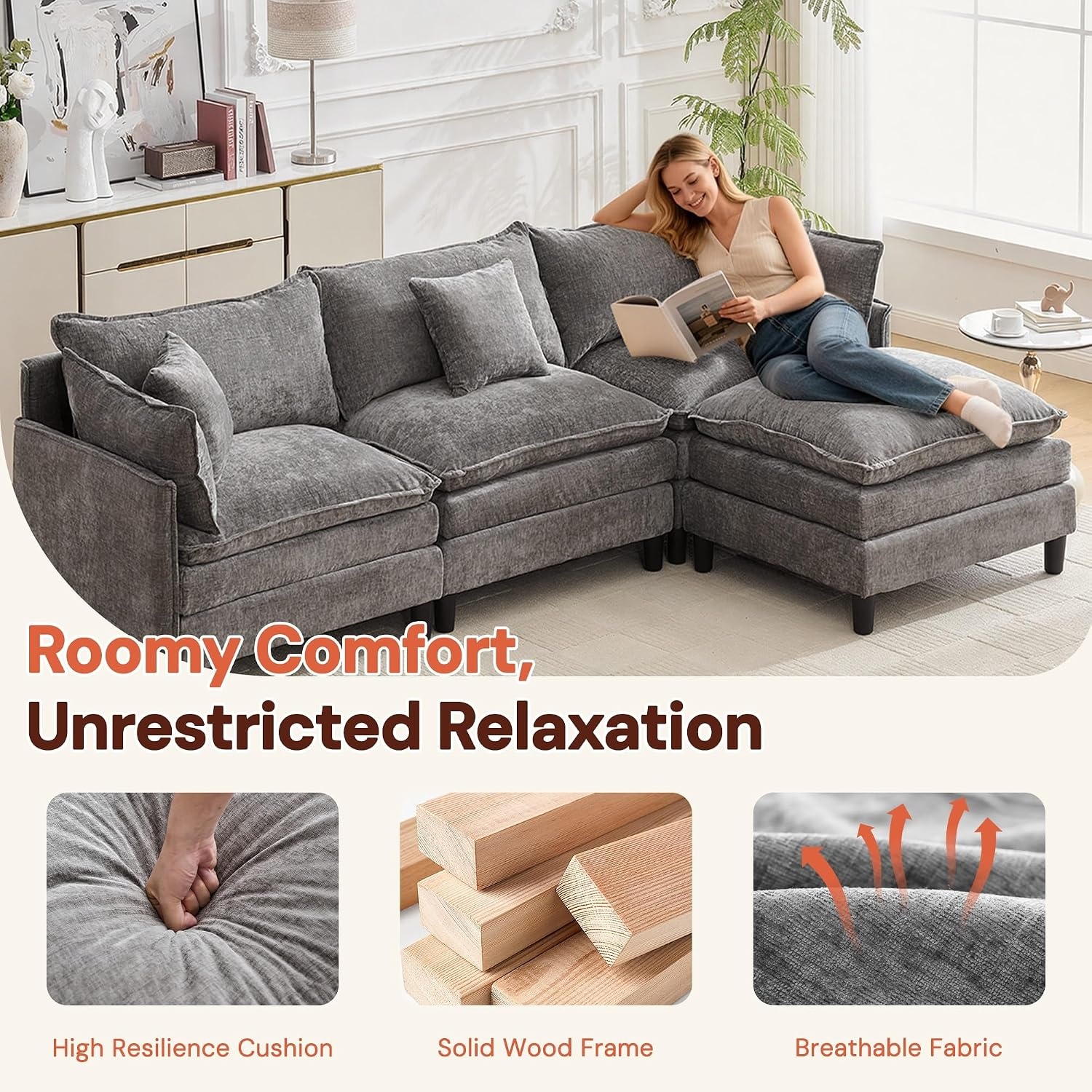 image:imageKorser 105 LShaped Modular Sectional Sofa 3Seater Cloud Couch with 1 Movable Ottoman Modern Chenille Sofa Set with Removable Washable Pillows for Living Room Bedroom ApartmentGrey