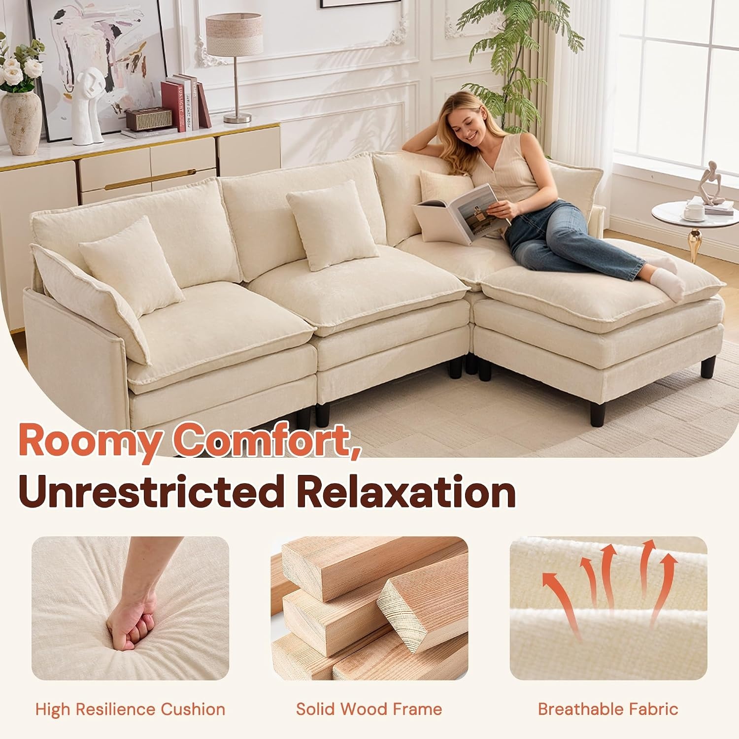 image:imageKorser 105 LShaped Modular Sectional Sofa 3Seater Cloud Couch with 1 Movable Ottoman Modern Chenille Sofa Set with Removable Washable Pillows for Living Room Bedroom ApartmentBeige