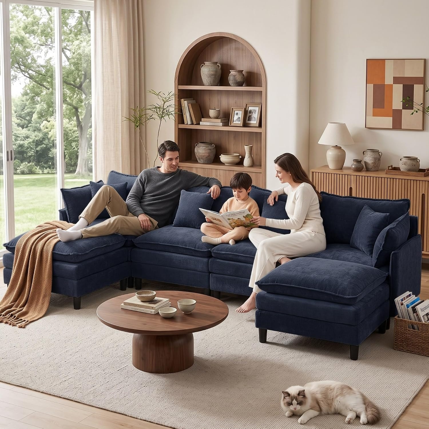 image:imageKorser 105 LShaped Modular Sectional Sofa 3Seater Cloud Couch with 1 Movable Ottoman Modern Chenille Sofa Set with Removable Washable Pillows for Living Room Bedroom ApartmentBlue