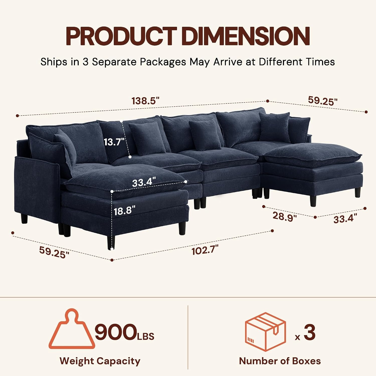 image:imageKorser 105 LShaped Modular Sectional Sofa 3Seater Cloud Couch with 1 Movable Ottoman Modern Chenille Sofa Set with Removable Washable Pillows for Living Room Bedroom ApartmentBlue
