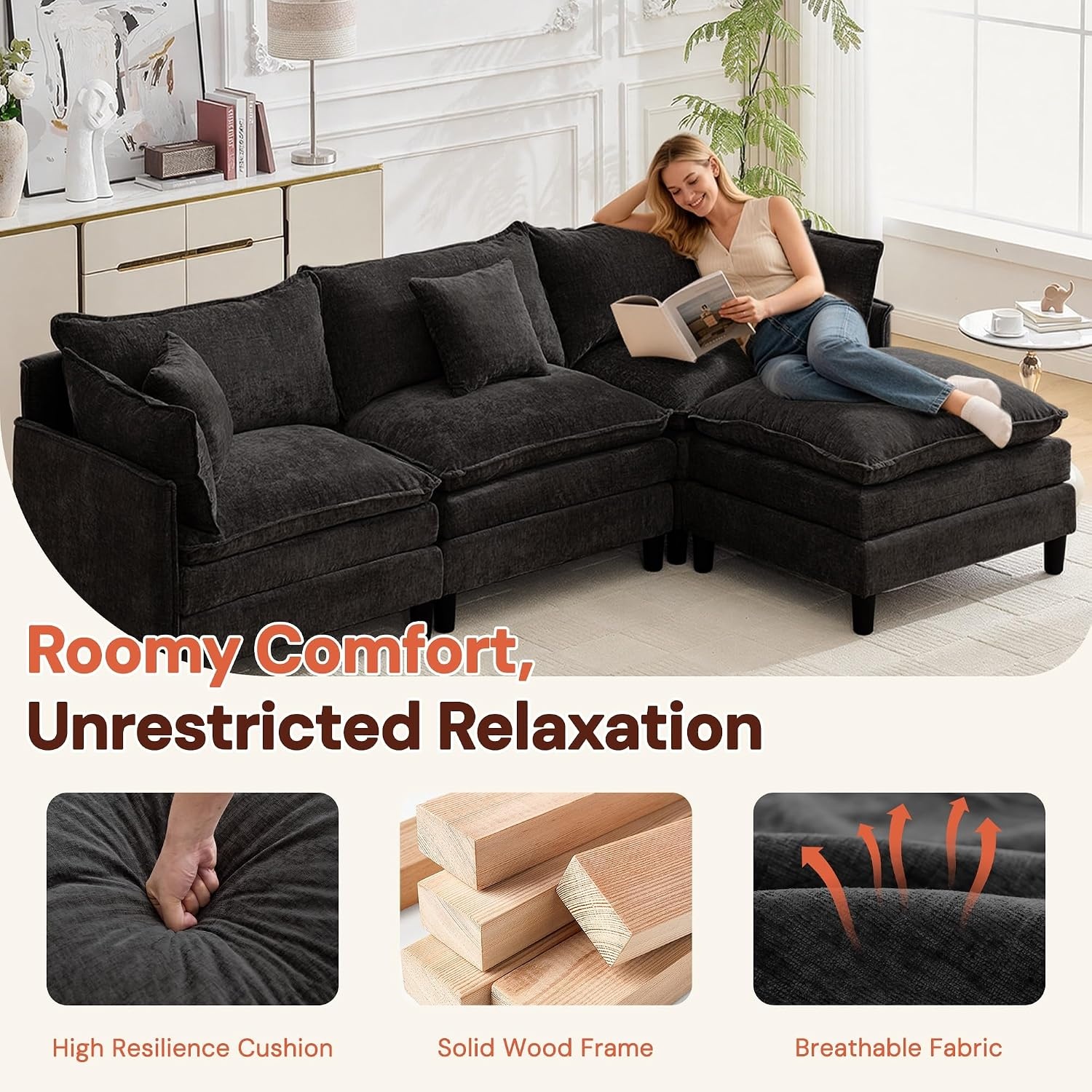 image:imageKorser 105 LShaped Modular Sectional Sofa 3Seater Cloud Couch with 1 Movable Ottoman Modern Chenille Sofa Set with Removable Washable Pillows for Living Room Bedroom ApartmentBlack